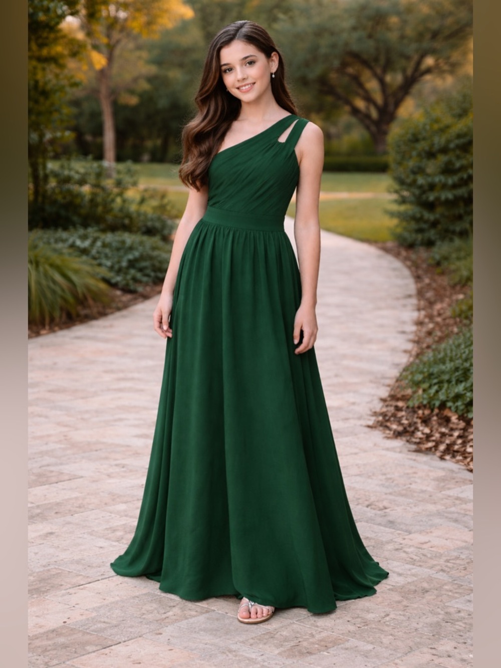 #226 B Tween Green Chiffon on shoulder long dress - Size 12Y
